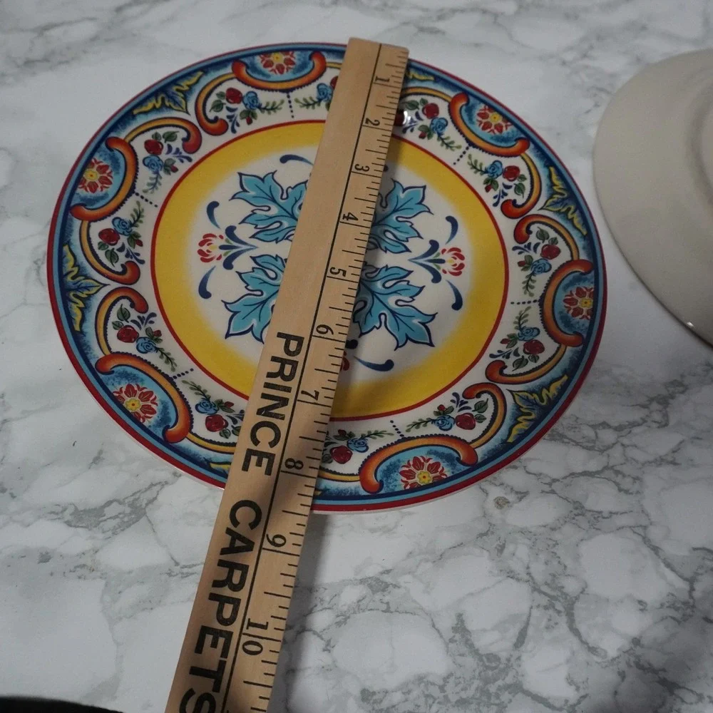 Euro Ceramica Zanzibar Salad Plates Set of 2‎ Blue Yellow Red Floral 8.25 Inch